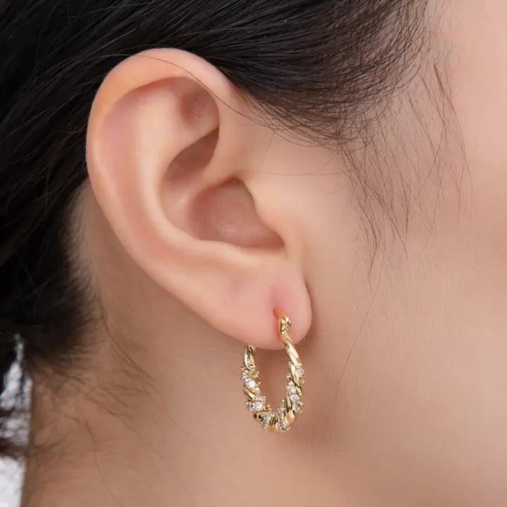 NWT Aim Eternal 18K Gold Filled Twisted Croissant Hoop Earrings Pave CZ 24mm